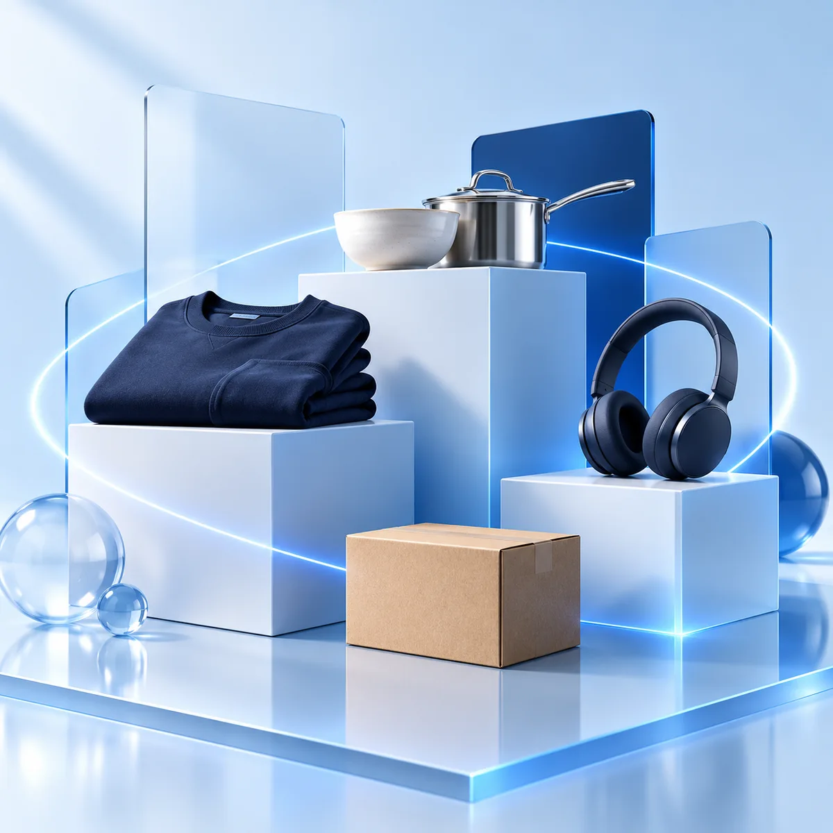 Illustrative apparel, kitchenware and electronics connected by a blue orbit